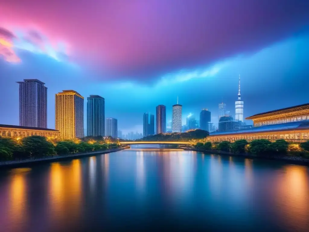 Horizonte urbano al atardecer: inversión inmobiliaria en ciudades vibrantes Vista impresionante de la ciudad al atardecer con rascacielos iluminados reflejados en un río, representando la salida efectiva inversiones inmobiliarias