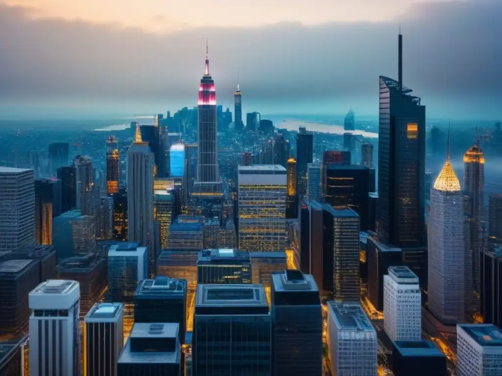 Horizonte urbano: arquitectura futurista en el distrito financiero Vista impresionante de una ciudad bulliciosa con rascacielos en un distrito financiero, simbolizando oportunidades inmobiliarias en crisis