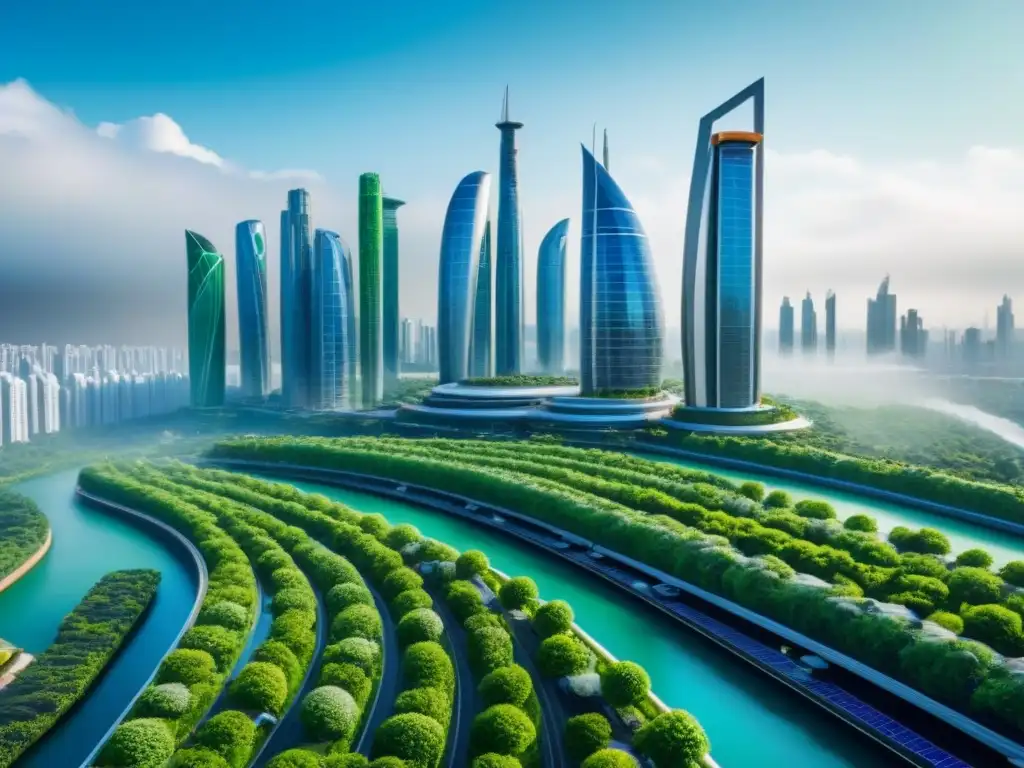 Metrópolis ecológica futurista: arquitectura sostenible y naturaleza Vista impresionante de una ciudad futurista ecoamigable con rascacielos verdes