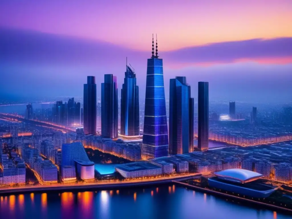 Horizonte futurista: luces y arquitectura innovadora al anochecer Vista impresionante de una ciudad futurista al atardecer con rascacielos modernos iluminados, reflejados en un río brillante