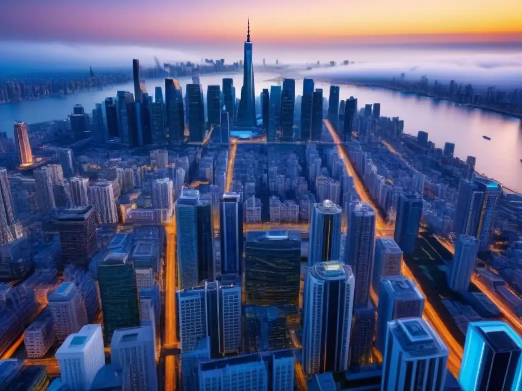Metrópolis futurista: paisaje urbano 8k ultrarrealista Vista impresionante de la ciudad futurista con rascacielos y diseño vanguardista, simbolizando el crecimiento de los mercados inmobiliarios emergentes