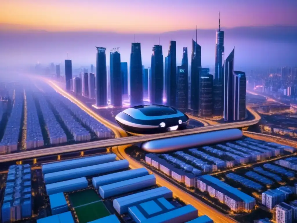 Horizonte futurista: ciudad inteligente con luces LED y drones Vista impresionante de ciudad inteligente futurista al anochecer con rascacielos iluminados por luces LED