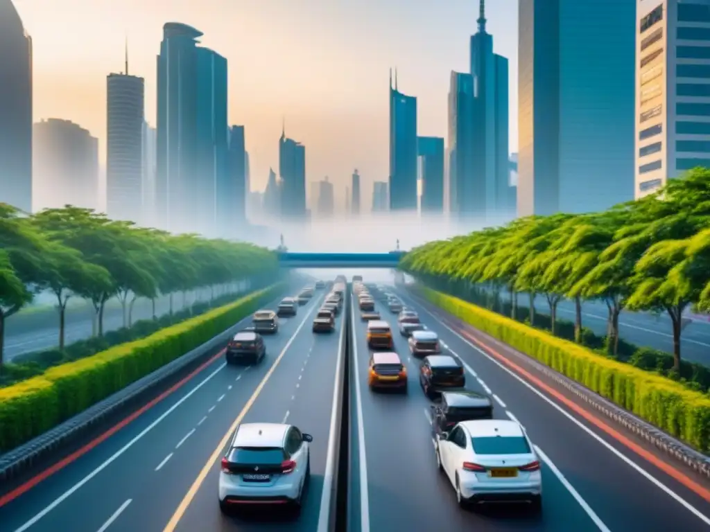 Metrópolis emergente: Oportunidades de inversión en mercados en crecimiento Vista impresionante de ciudad en mercado emergente, reflejos dorados de atardecer en rascacielos