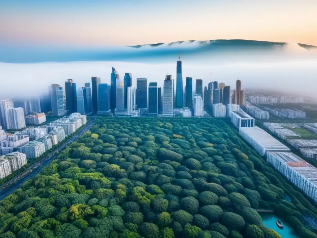 Cityscape moderno: arquitectura sostenible y naturaleza exuberante Vista impresionante de una ciudad moderna rodeada de vegetación, mostrando distintos estilos arquitectónicos y un cielo azul