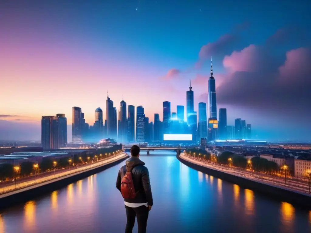 Espectacular skyline urbano moderno al atardecer en 8k Vista impresionante de una ciudad moderna al anochecer con rascacielos iluminados y reflejos en el río
