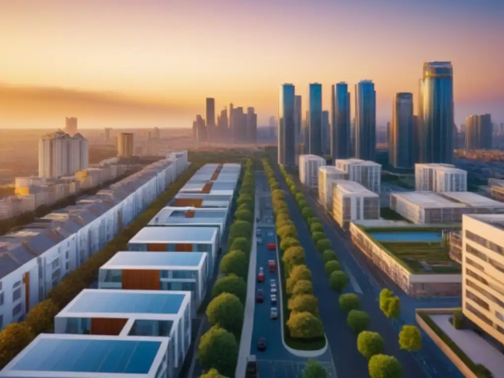 Cityscape moderno al atardecer: vibrante y detallado en 8k Vista impresionante de una ciudad vibrante al atardecer, con rascacielos modernos iluminados por el sol poniente