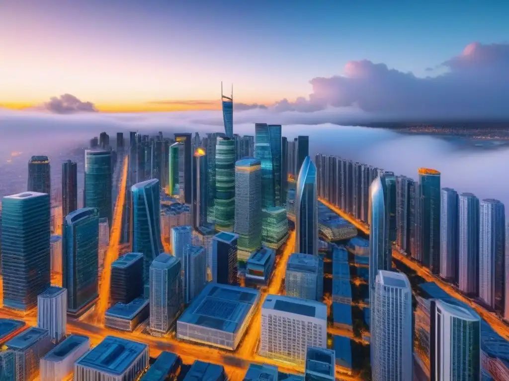 Metrópolis futurista: skyline 8k ultra detallado Vista impresionante de una metrópolis futurista con rascacielos, calles llenas de vehículos autónomos y letreros digitales avanzados, destacando tendencias inmobiliarias