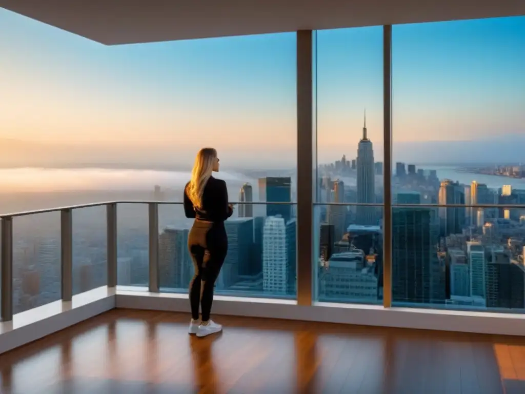 Rascacielos de lujo: vida urbana y arquitectura moderna Vista impresionante de un rascacielos de lujo con ventanales de piso a techo, mostrando el paisaje urbano y moderno, reflejando la fusión de arquitectura contemporánea y estilo de vida citadino en el mercado inmobiliario global