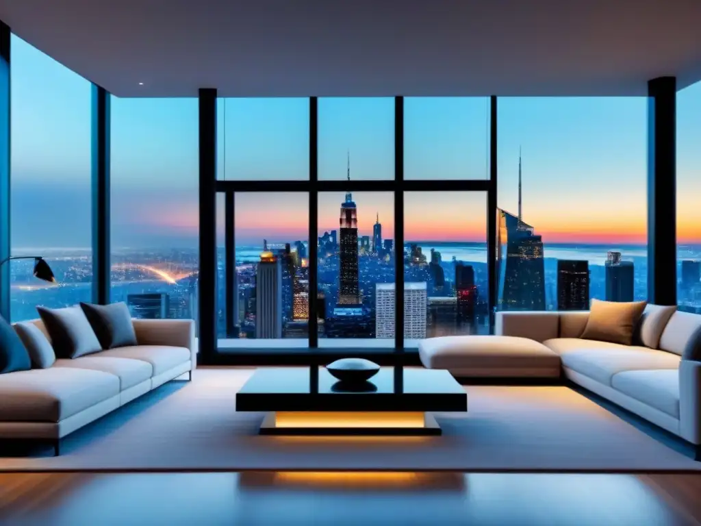 Interior lujoso con tecnología domótica y diseño futurista en la ciudad Vista interior de un lujoso apartamento moderno con tecnologías innovadoras mercado inmobiliario
