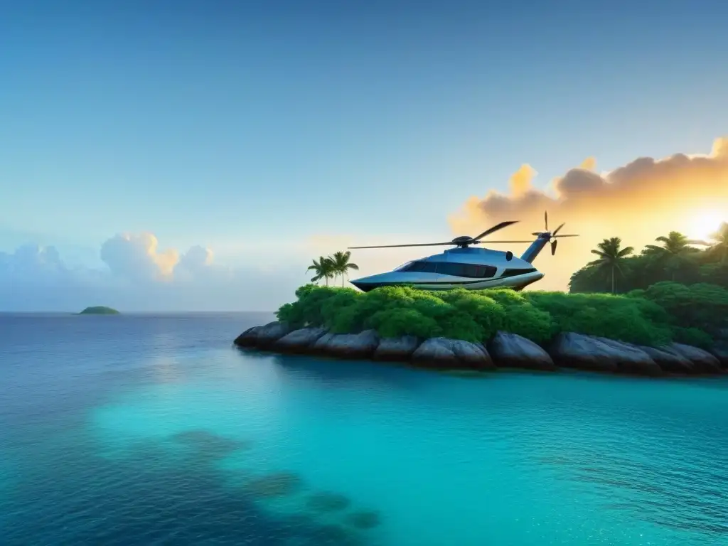 Isla privada de lujo: mansión moderna, aguas cristalinas y atardecer dorado Vista de isla privada de lujo con mansión moderna, helipuerto, yate anclado al atardecer