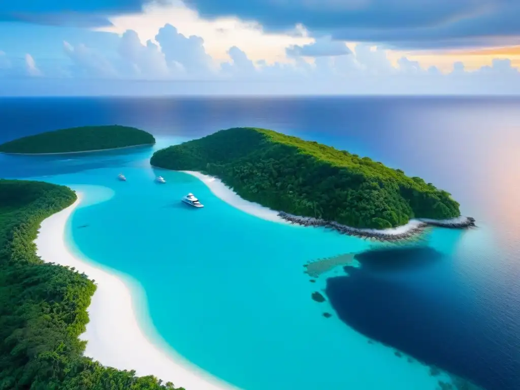 Isla privada de lujo en el Caribe: aguas turquesas y atardecer dorado Vista de una isla privada de lujo en el Caribe con aguas turquesas, playas de arena blanca y villas modernas con piscinas infinitas al atardecer
