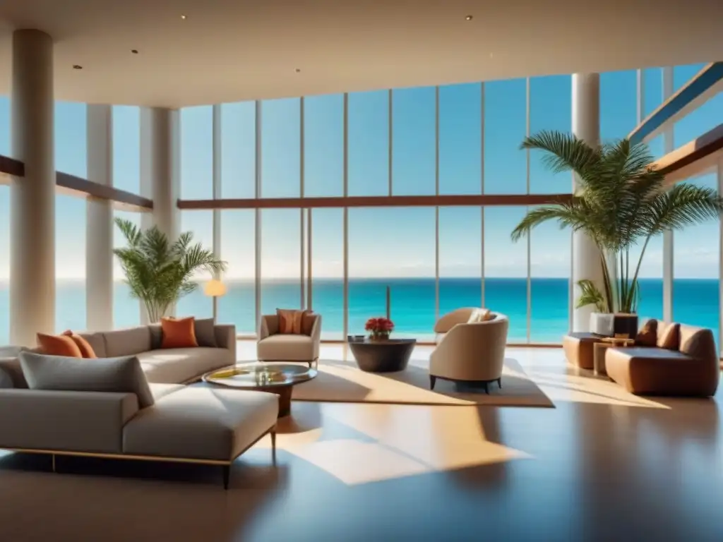 Recepción de resort de lujo con vista a la playa tropical Vista del lobby lujoso de un resort moderno con elegante decoración, ventana panorámica y diseño sofisticado