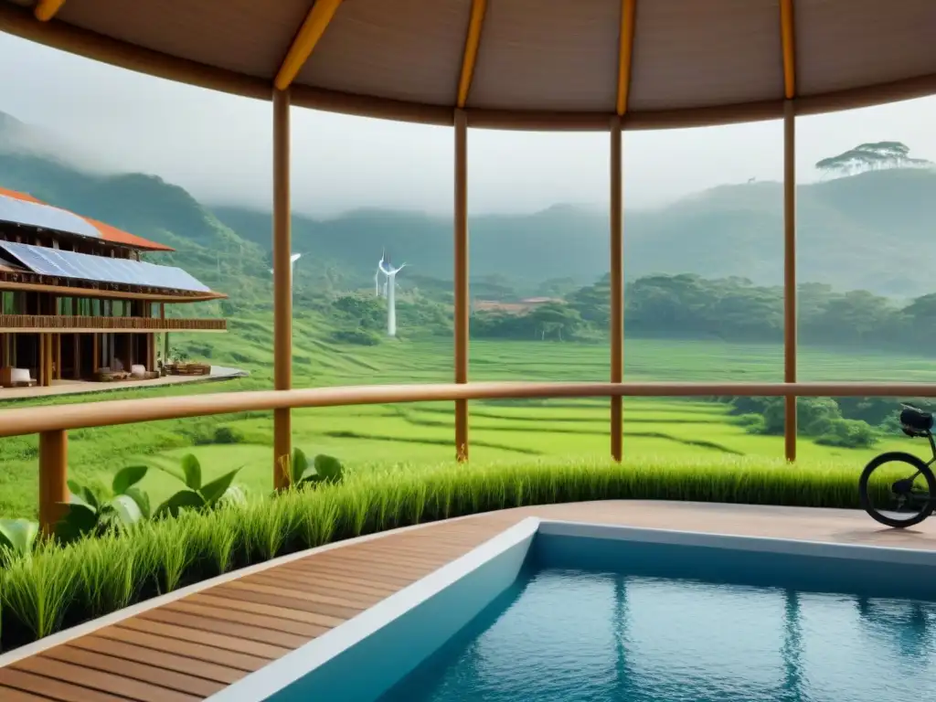 Resort ecológico de lujo: armonía natural y sostenibilidad Vista de lujo: complejo turístico ecoamigable con paneles solares y turbinas eólicas