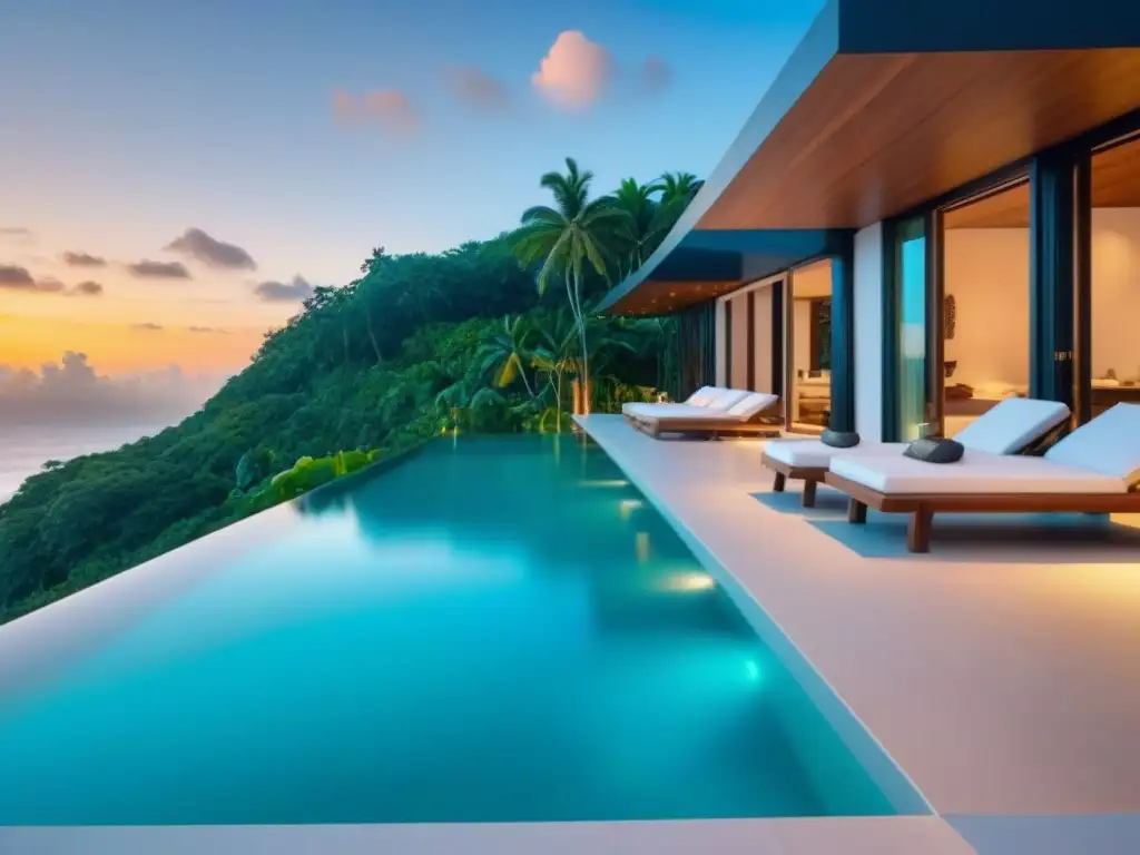 Propiedad vacacional de lujo frente al mar: vista panorámica 8k Vista de lujo para inquilinos ideales propiedades vacacionales: casa moderna con piscina infinita, rodeada de naturaleza tropical y mar turquesa