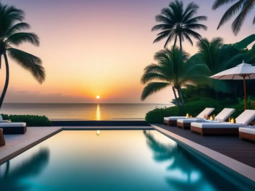 Piscina infinita de lujo en playa paradisíaca Vista de lujo: piscina infinita en playa, sillas elegantes y palmeras