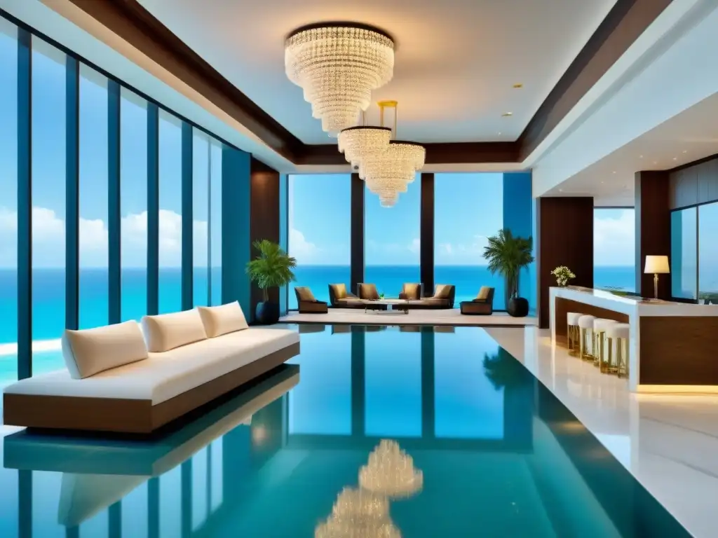 Exclusivo lobby de resort con arte contemporáneo y vistas al mar Vista lujosa de un lobby de resort con sofisticación y elegancia, ideal para Resorts de tiempo compartido lujo
