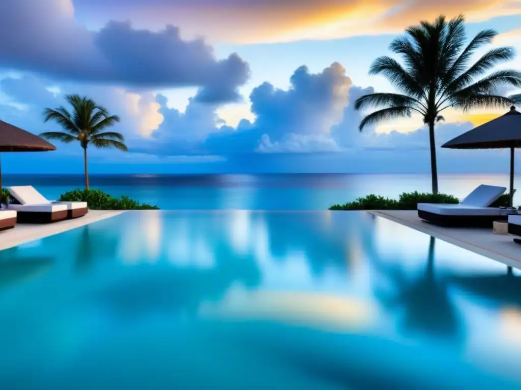 Piscina infinita de lujo en paraíso tropical Vista de una lujosa piscina infinita en un paraíso tropical con palmeras y aguas turquesas