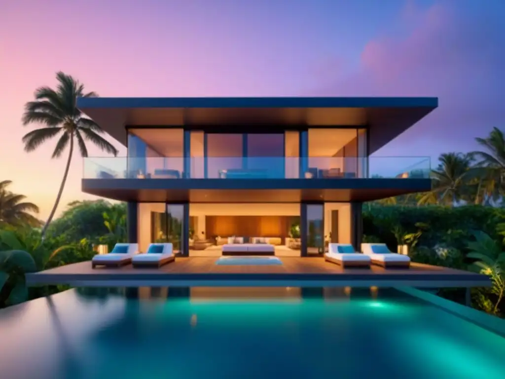 Propiedad de lujo con piscina infinita en la playa al atardecer Vista 8k de un lujoso alquiler vacacional moderno con piscina infinita y playa al atardecer