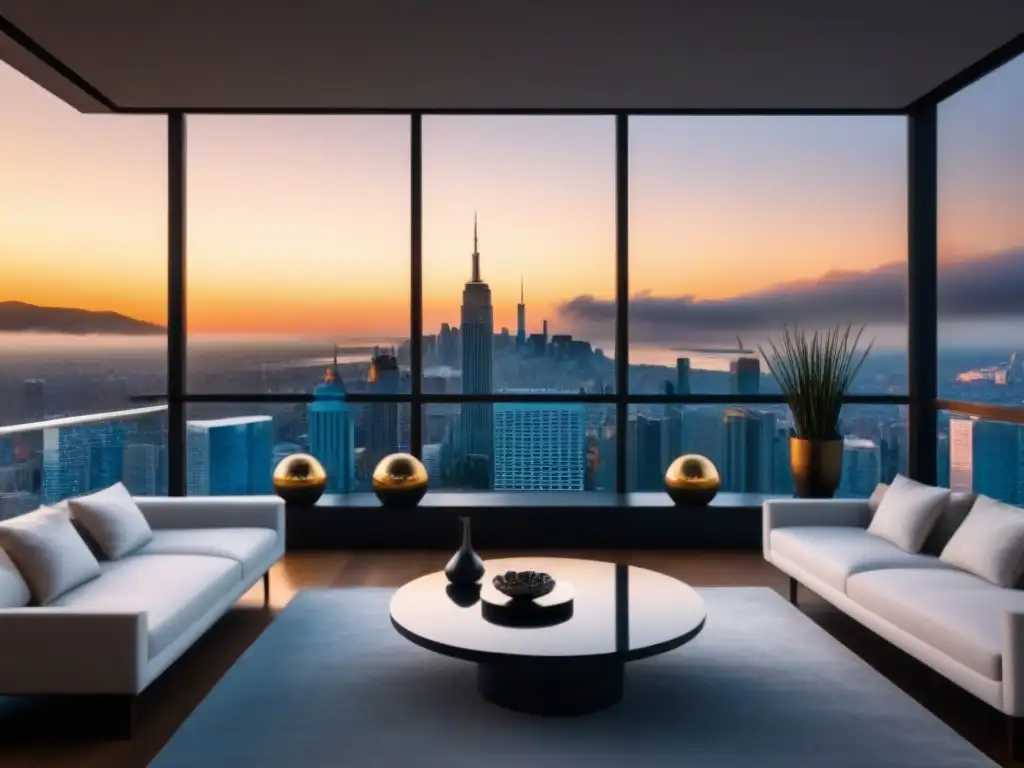 Apartamento de lujo con vistas a la ciudad al atardecer Vista de un lujoso apartamento moderno con vista a la ciudad al atardecer, ideal para discutir mejores inversiones inmobiliarias inflación