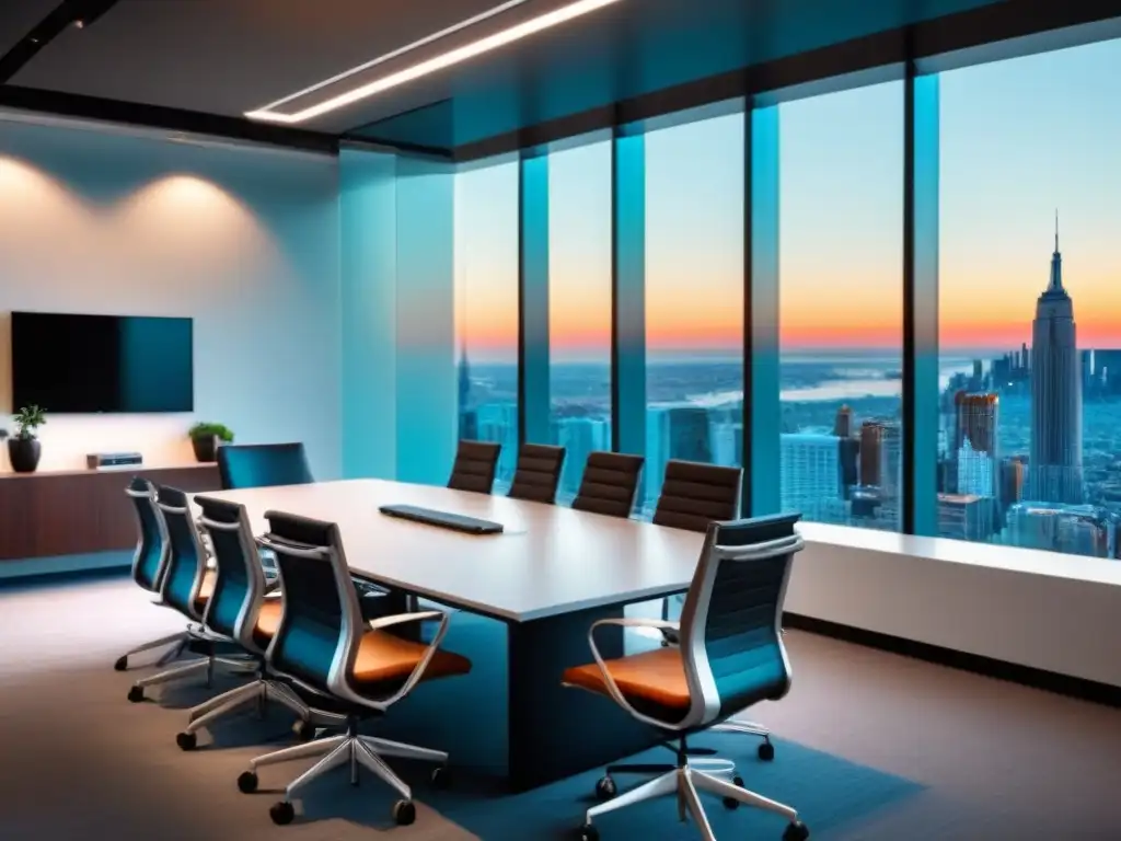 Oficina moderna con vista panorámica y tecnología innovadora Vista moderna de oficina con techos altos y vista a la ciudad