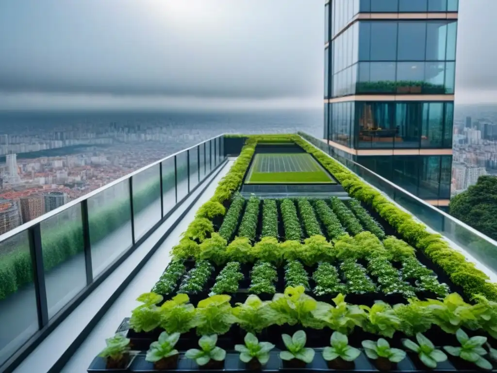 Rascacielos sostenible con diseño innovador Vista moderna de un rascacielos sostenible con jardines verticales y paneles solares, en una ciudad bulliciosa