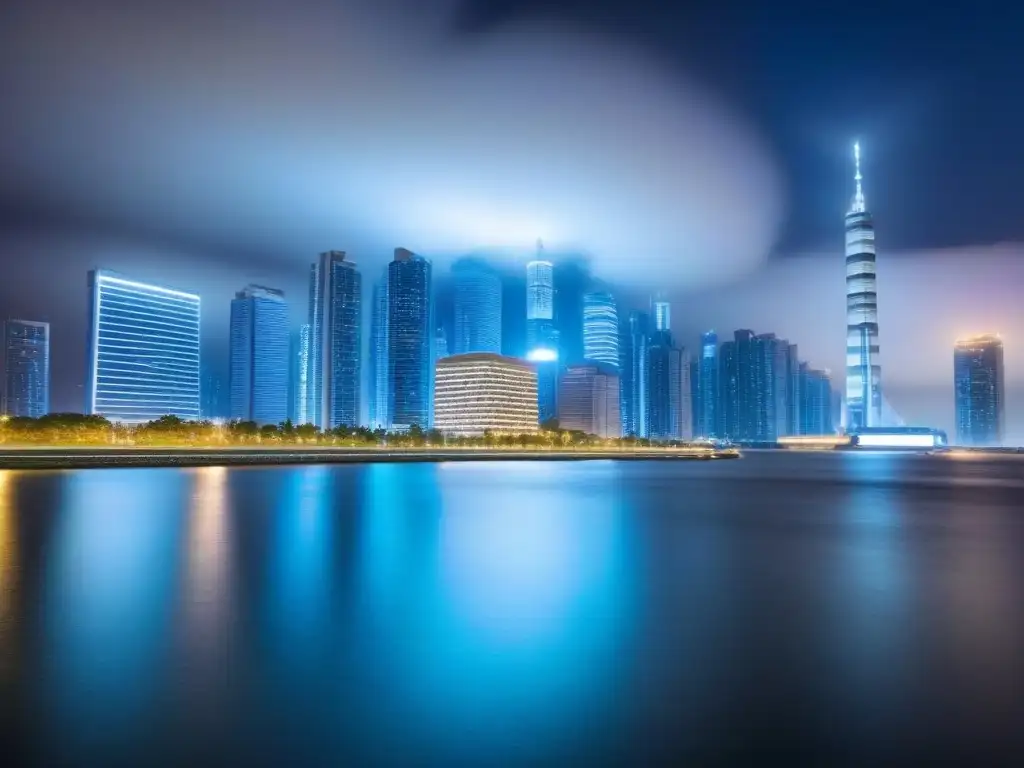 Inversiones globales: luces y arquitectura en la ciudad nocturna Vista nocturna de una bulliciosa ciudad con rascacielos iluminados y un río sereno