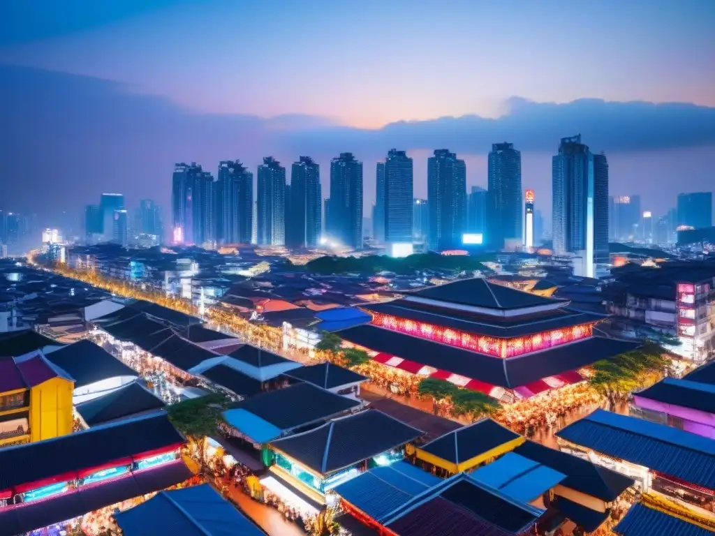 Metrópolis luminosa: la vibrante vida nocturna de Asia Vista nocturna del bullicioso mercado inmobiliario en el Sudeste Asiático con rascacielos iluminados y gente en la calle