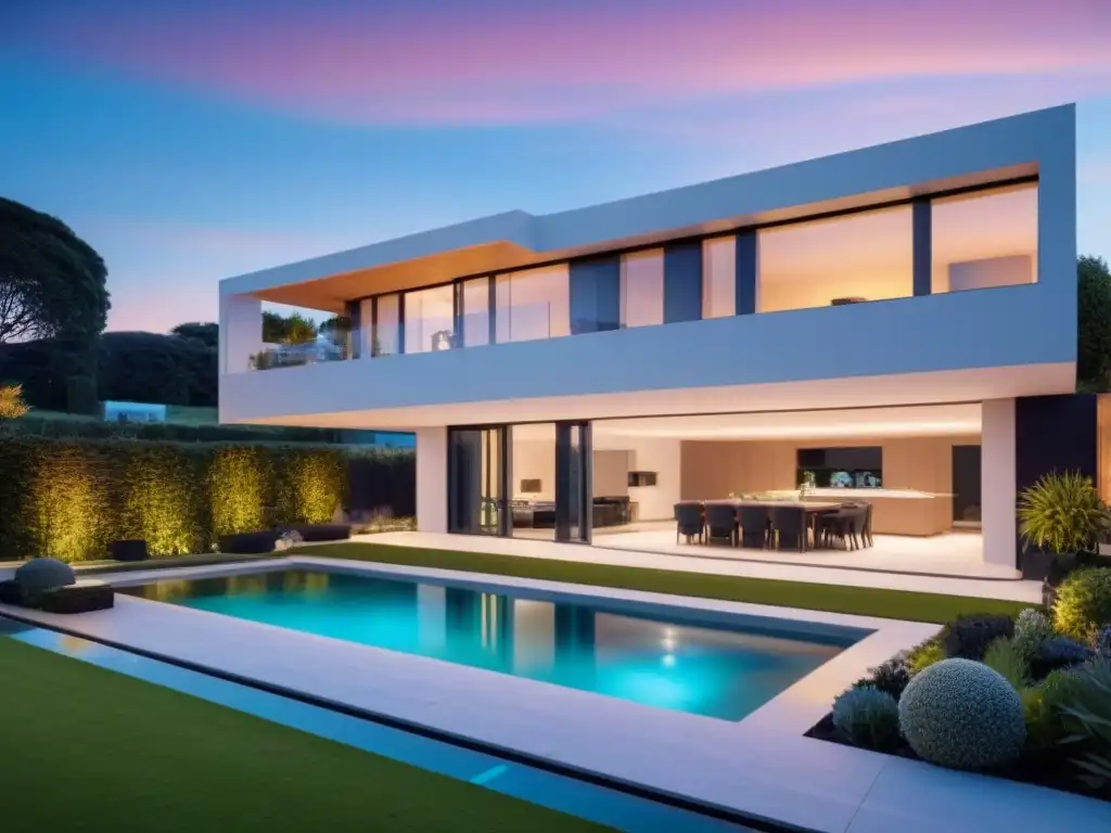 Residencia inteligente de lujo: tecnología y diseño contemporáneo Vista nocturna de casa inteligente moderna con tecnología conectada, ideal para inversión residencial propiedades conectadas