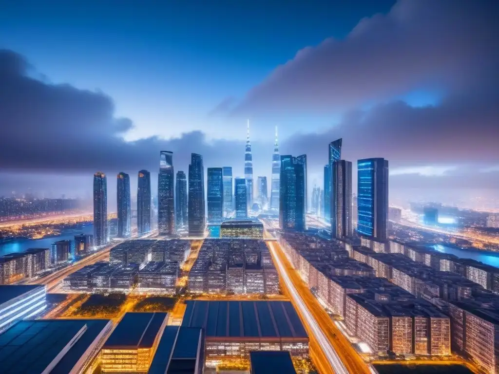 Metrópolis futurista: innovación y automatización en la arquitectura urbana Vista nocturna de una ciudad futurista con rascacielos iluminados y tecnología avanzada integrada