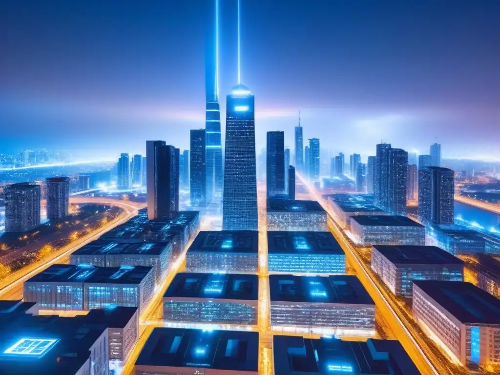 Metrópolis futurista: nodos blockchain iluminan la noche Vista nocturna de una ciudad futurista con nodos de blockchain en edificios, reflejando tecnología blockchain en planificación urbana