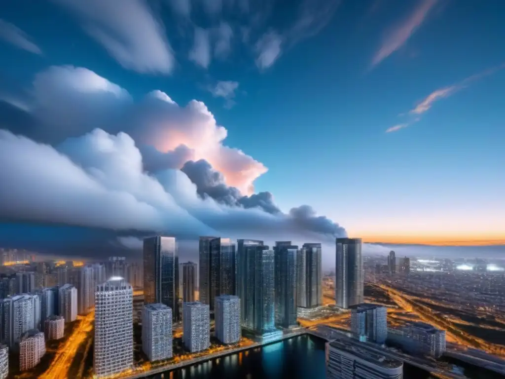 Metrópolis futurista: eficiencia en gestión de propiedades y nubes en la noche Vista nocturna de una ciudad futurista con rascacielos iluminados y nubes, reflejando la gestión eficiente de propiedades con plataformas en la nube