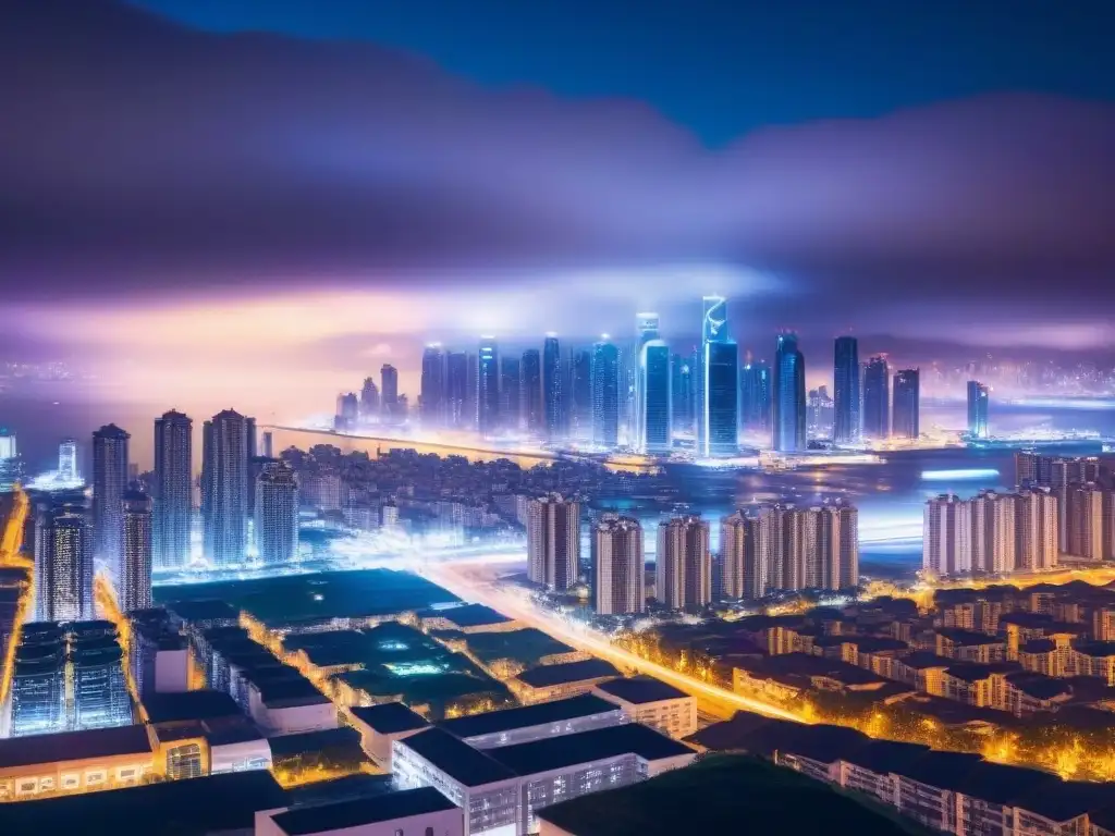 Ciudad futurista nocturna: fusión arquitectónica blockchain Vista nocturna de ciudad futurista con rascacielos iluminados por luces neón, fusionando arquitectura tradicional y tecnología de vanguardia, simbolizando la integración de blockchain en inversiones inmobiliarias internacionales