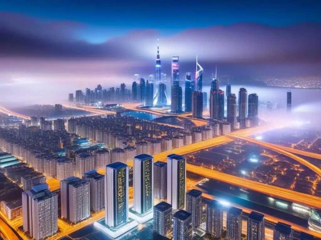 Metrópolis futurista: IoT en la inversión inmobiliaria Vista nocturna de ciudad futurista con rascacielos IoT, drones y carreteras iluminadas
