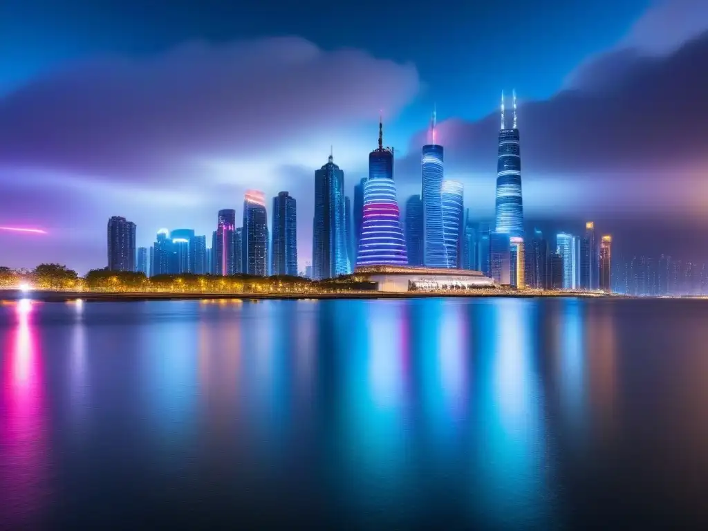 Metrópolis futurista: luces neon en la noche Vista nocturna de ciudad futurista con rascacielos iluminados por luces de neón, reflejados en agua brillante