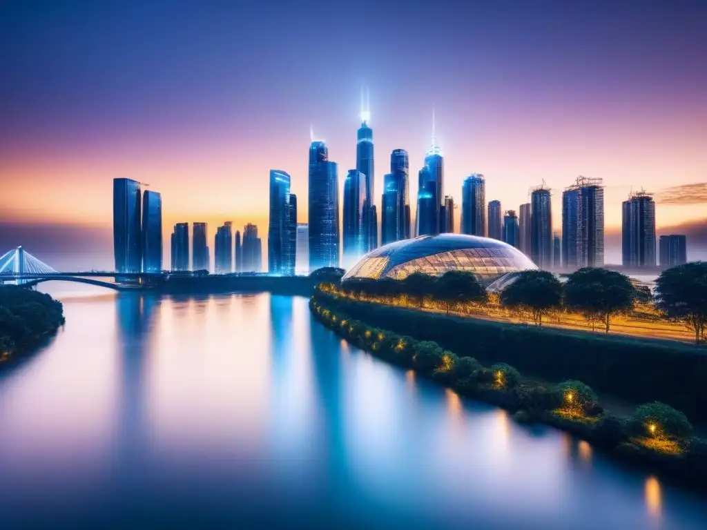 Horizonte futurista nocturno: avances urbanos y tecnológicos Vista nocturna de ciudad futurista con rascacielos iluminados y luces brillantes sobre un río tranquilo