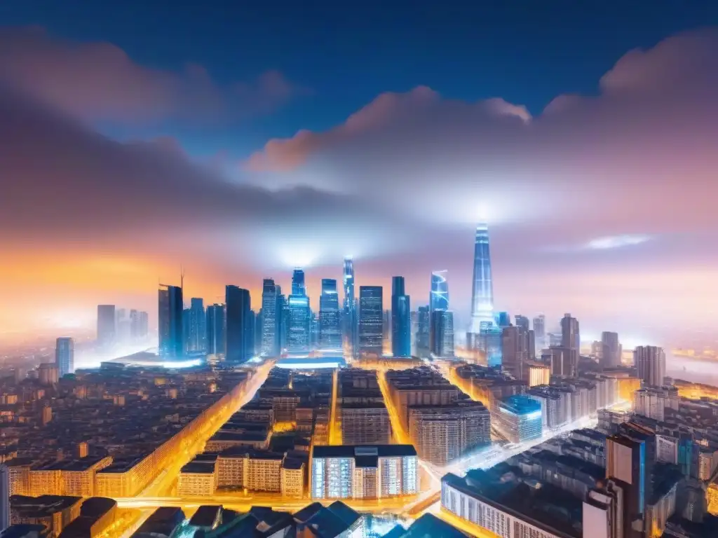 Metrópolis nocturna: datos inmobiliarios en tiempo real Vista nocturna de ciudad futurista con datos del mercado inmobiliario en plataformas PropTech