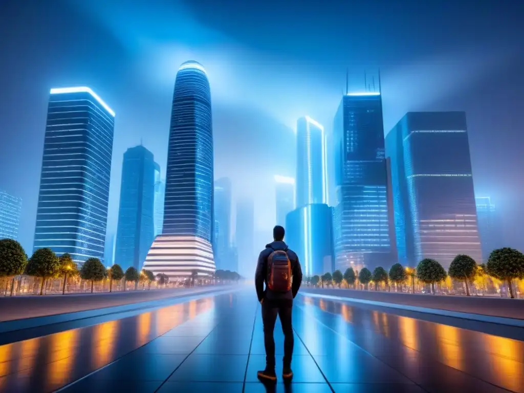 Metrópolis futurista: PropTech revoluciona inversión inmobiliaria Vista nocturna de una ciudad futurista con rascacielos iluminados y pantallas digitales mostrando datos inmobiliarios en tiempo real, ejemplificando la importancia del PropTech en inversión