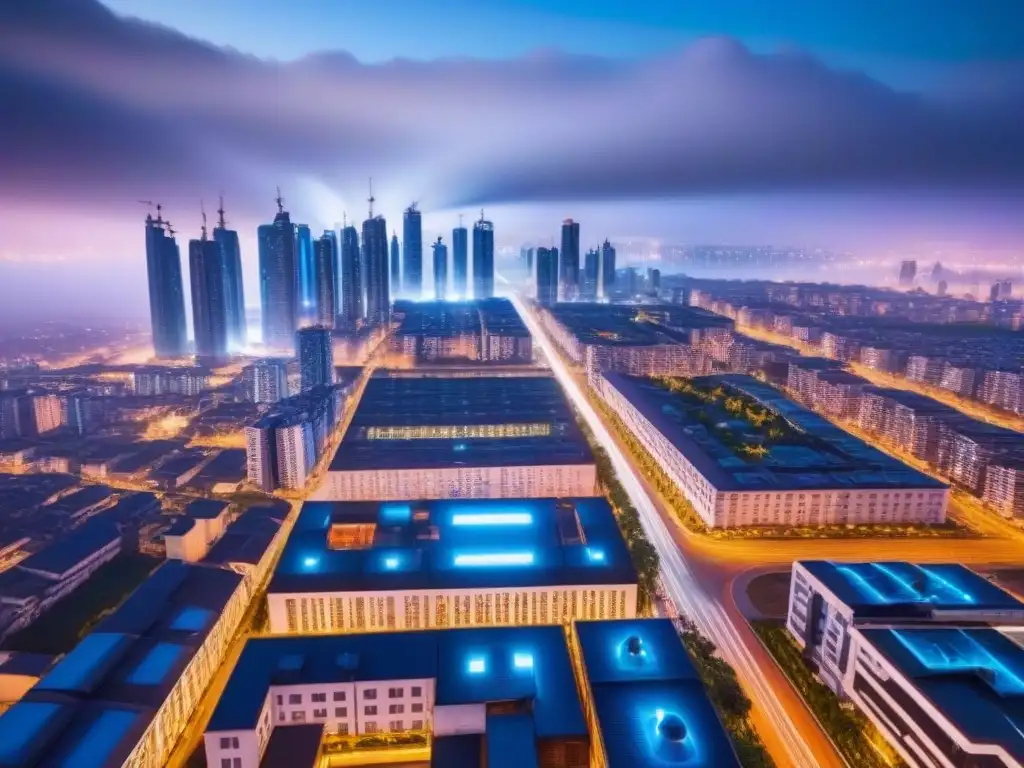 Metrópolis futurista: Edificios AI iluminados, drones y autos autónomos Vista nocturna de una ciudad futurista con edificios AI, drones y vehículos autónomos