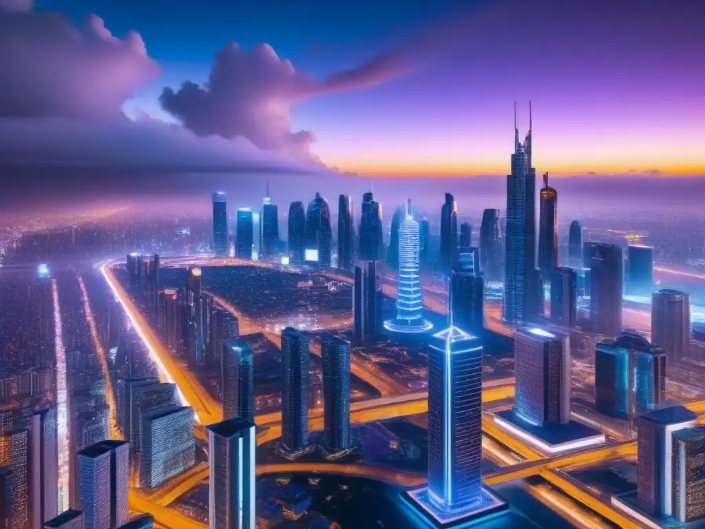 Ciudad futurista: luces neón y hologramas en una metrópolis avanzada Vista nocturna de ciudad futurista con inteligencia artificial en inversión inmobiliaria