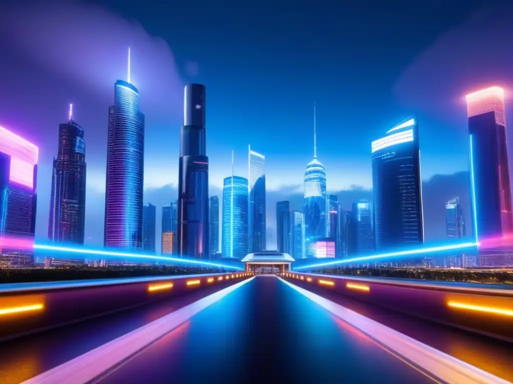 Escena futurista de seguridad inmobiliaria con tecnología de vanguardia Vista nocturna de ciudad futurista con tecnología 5G, destacando un avanzado punto de control de seguridad