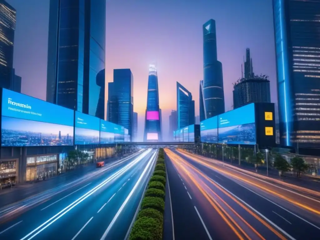 Inversión inmobiliaria futurista: IA y big data en acción Vista nocturna de ciudad futurista con rascacielos iluminados y pantallas digitales mostrando datos de inversión en tiempo real, reflejando la integración de inteligencia artificial y big data en el mercado inmobiliario