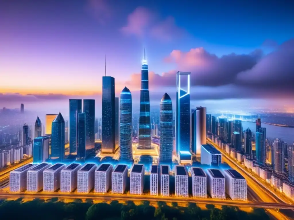 Skyline futurista: rascacielos conectados por blockchain Vista nocturna de ciudad futurista con rascacielos modernos interconectados por patrones de blockchain en financiamiento inmobiliario internacional
