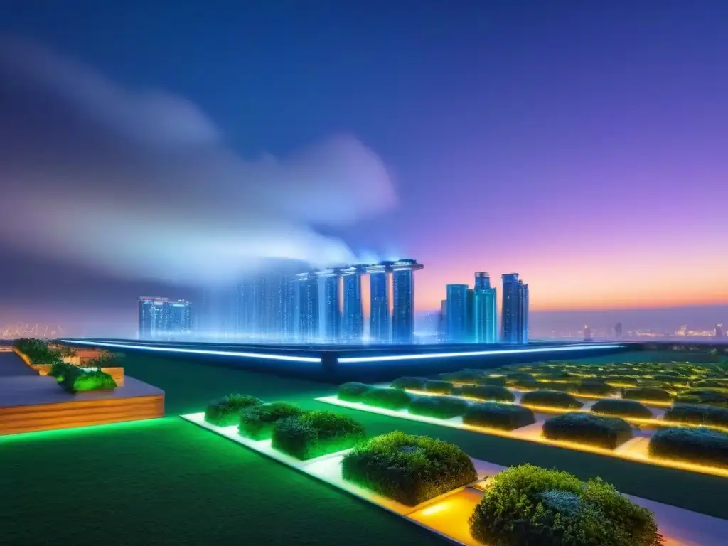 Metrópolis futurista: rascacielos eco-eficientes iluminados con luces LED Vista nocturna de una ciudad futurista con rascacielos energéticamente eficientes iluminados por luces LED, representando soluciones tecnológicas inversión inmobiliaria internacional