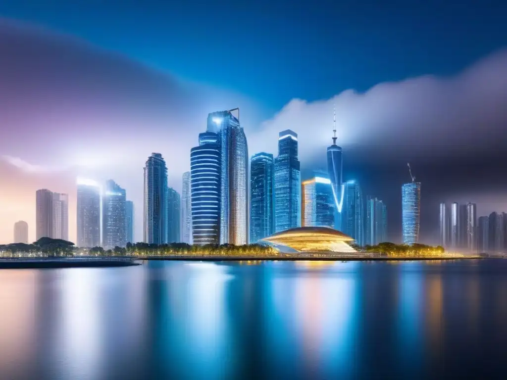 Metrópolis futurista: luces nocturnas reflejadas en el agua Vista nocturna de una ciudad futurista con rascacielos iluminados y reflejados en el agua