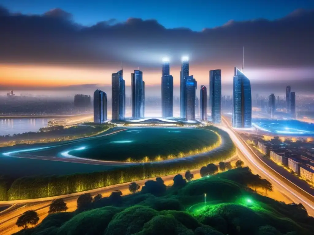 Metrópolis futurista: luces, tecnología y naturaleza en armonía Vista nocturna de una ciudad futurista con rascacielos, transporte avanzado y espacios verdes, reflejando innovación y ciudades inteligentes mercado inmobiliario
