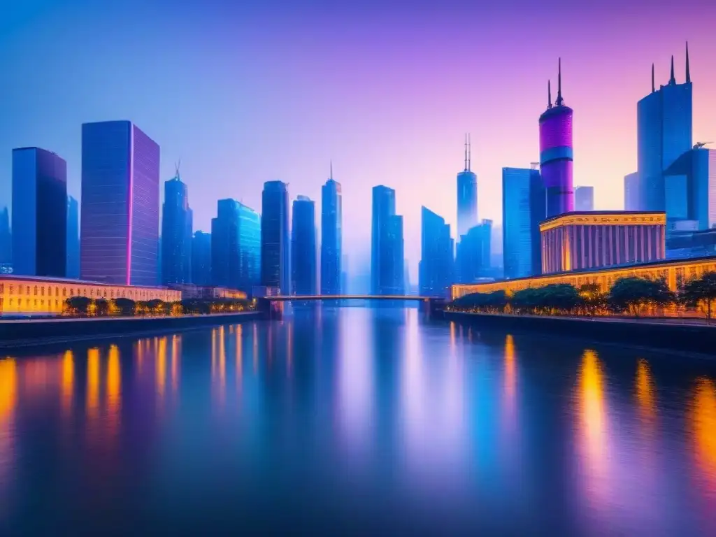 Horizonte futurista: metrópolis brillante y vanguardista al atardecer Vista nocturna de ciudad futurista con rascacielos iluminados y diseño arquitectónico innovador