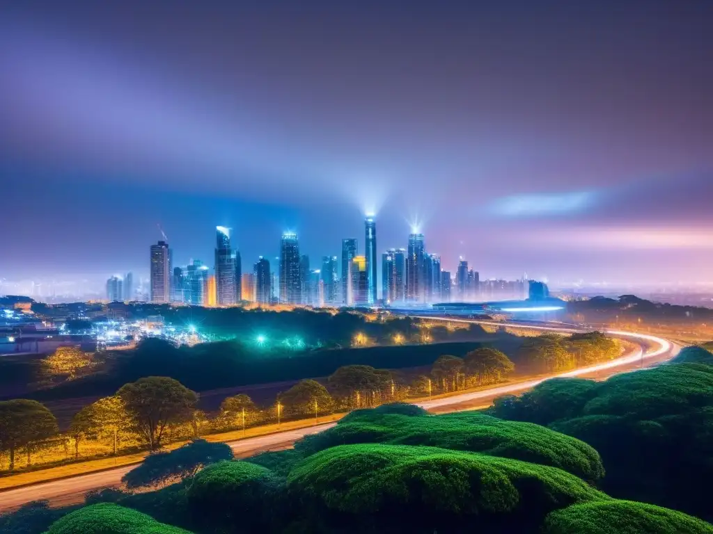 Horizonte urbano sostenible: tecnologías verdes y eficiencia energética Vista nocturna de ciudad futurista con tecnologías verdes y normativas construcción eficiencia energética