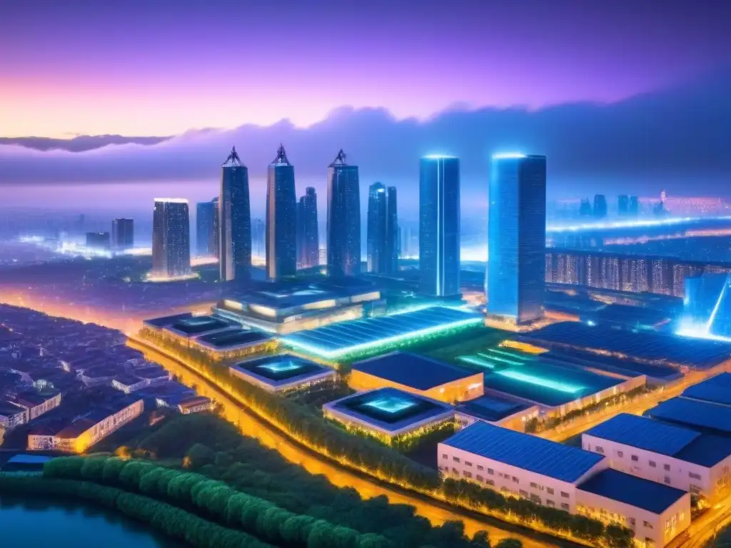 Skyline futurista: tecnología y sostenibilidad en ciudad nocturna Vista nocturna de ciudad futurista con edificios inteligentes y eficientes, reflejando la armonía entre tecnología y sostenibilidad