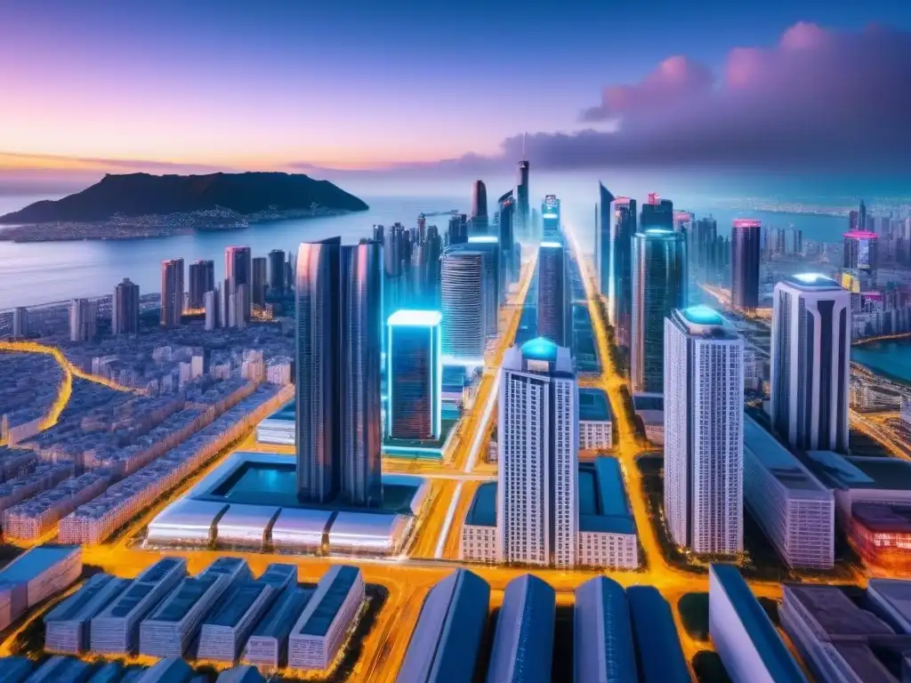 Metrópolis futurista con IA: inversión inmobiliaria en tiempo real Vista nocturna de ciudad futurista con inteligencia artificial en inversiones inmobiliarias