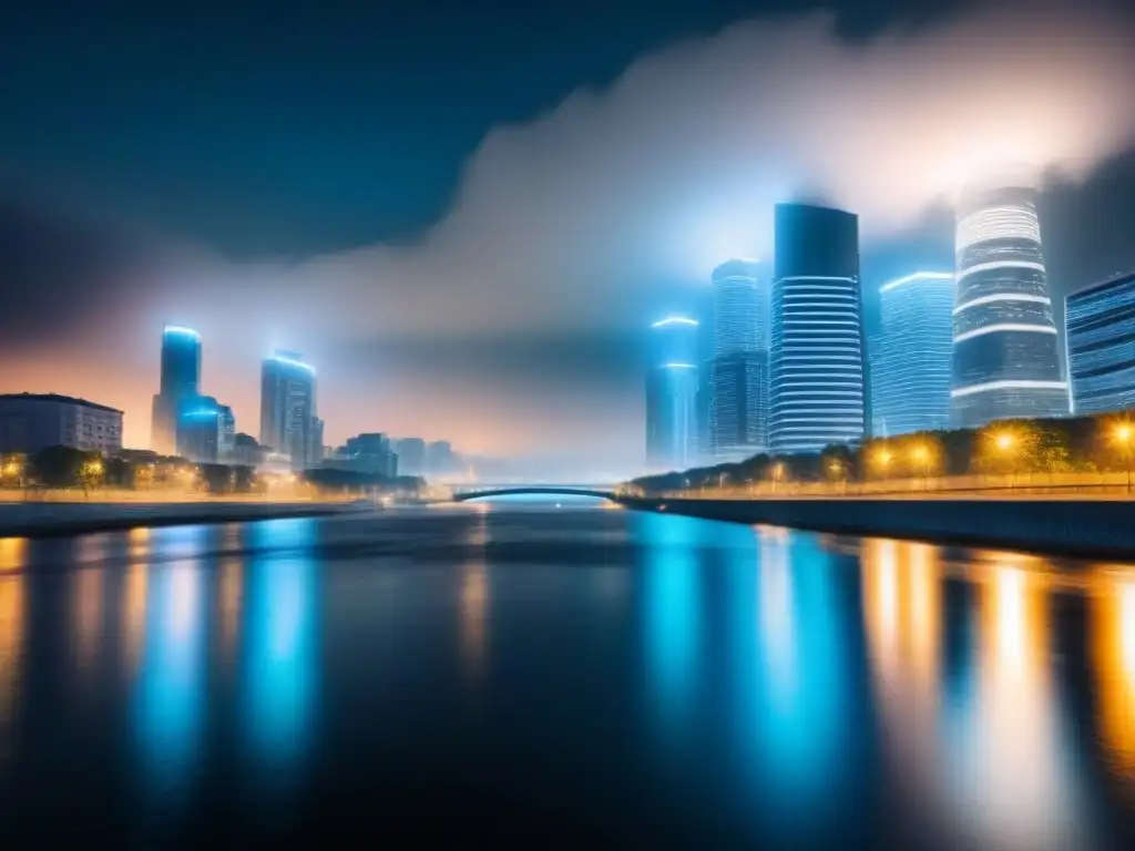 Metrópolis futurista: rascacielos iluminados sobre río nocturno Vista nocturna de una ciudad futurista con rascacielos iluminados reflejados en un río tranquilo, mostrando arquitectura moderna y tecnología avanzada en una metrópolis bulliciosa, analítica predictiva en mercado inmobiliario